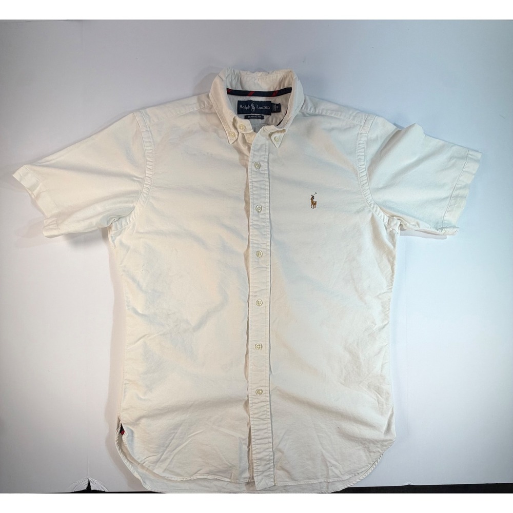 Polo Ralph Lauren Mens Small Classic Fit Short Sleeve Oxford Shirt Cream White